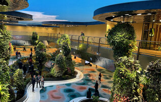 Patrick Blanc observing the top areas of the Dreamscape Garden while Philippe Almon is checking the lighting in all the areas, Changi T2 expansion and refurbishing, 1st Nov. 2023