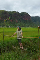 Patrick Blanc on a bamboo bridge in rice fields by early morning, Harau valley, West Sumatra, Dec. 2016