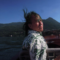 Patrick Blanc on boat, looking at the new hotel project, Como lake, Italy, June 2015