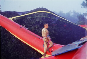 Patrick Blanc on the Radeau des Cimes, Canopy Raft, Petit Saut, French Guyana, Oct. 1989