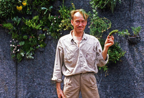 Patrick Blanc ready to install a plant on his Vertical Garden, Chaumont-sur-Loire, 1994