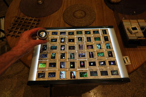 Patrick Blanc selecting his slides on a light table, Dec. 2020