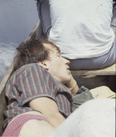 Patrick Blanc sleeping during a long boat trip, Gabon, Dec. 1983