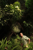 Patrick Blanc under a flowering Berlinia craibiana with one erect white petal, Matomb, Yaounde, Cameroon, March 2018