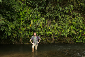Patrick Blanc under a vertical earth bank mostly covered by Colocasia affinis, Putao, Kachin, Myanmar, Dec. 2017
