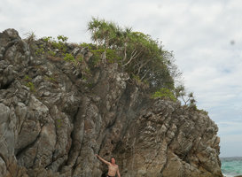 Patrick Blanc under Pandanus cf. calcis growing at the top of a  seashore karst outcrop, Macleod Is., Tanintharyi, Myanmar, Jan. 2018