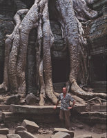 Patrick Blanc under the roots of the famous Tetrameles nudiflora, Ta Phrom, Siem Reap, Cambodia, Dec. 2004