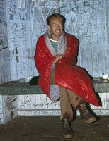 Patrick Blanc waking up after a cold night in the refuge, Mount Cameroon, 1991