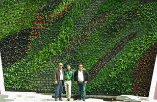 Patrick Blanc with Abdel Jabbar and Sylvain Bidaut in front of a part of the 410 m long indoor vertical garden, KITC, Koweit, Jan. 2020
