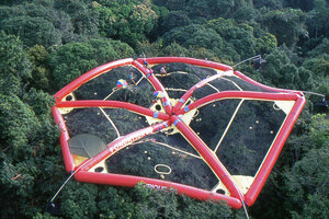 Patrick Blanc with other scientists on the Radeau des Cimes, Canopy Raft, Ebodje, Campo, Cameroon, Nov. 1991, photo by Dany Cleyet-Marrel