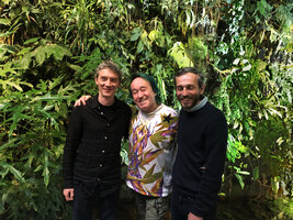 Patrick Blanc with Swann Arlaud and Philippe Petit in front of the vertical garden, May 2021