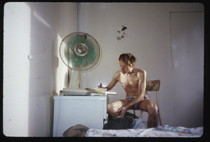 Patrick Blanc writing the last pages of his book Etre Plante in a hotel in Calcutta, India, Sept. 2002