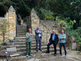 Patrick Blanc, Yves Juhel the Mayor of Menton, Michael Likierman and Gilles Deparis at Inauguration of Patrick&#039;s exhibition Trop Belles pour Disparaitre, Serre de la Madone, France, June 2024