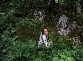 Patrick Blanc sitting close to a population of the tiny Saxifraga cuneifolia growing on a vertical mossy rock, Saint Moritz, Switzerland, June 2015