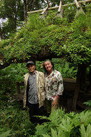 Patrick Blanc with the man who has covered this roof with the narrow endemic lithophytic Primula sorachiana,Tokachi, Hokkaido, Japan, July 2015