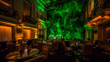 Pershing Hall, green lights at night on the vertical garden by Patrick Blanc