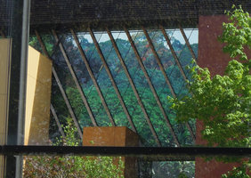 Quai Branly Museum, translucent façade with  photo by Patrick Blanc of the Cameroun rainforest canopy with the young red leaves of Desbordesia glaucescens