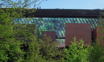 Quai Branly Museum, translucent façade with  photo by Patrick Blanc of the rattan Ancistrophyllum secundiflorum in Cameroun rain forest canopy