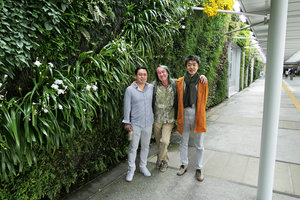 Ryuji Isobe, Patrick Blanc and Satoshi Yoshimitsu in front of the Vertical Garden in the Shinkansen station, Yamaguchi, Japan, April 2017