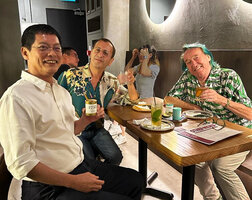 Tan Lye Teck, Pascal Heni and Patrick Blanc during a friendly drink at the end of the Changi T2 airport refurbishment and expansion, Singapore, Oct. 2023